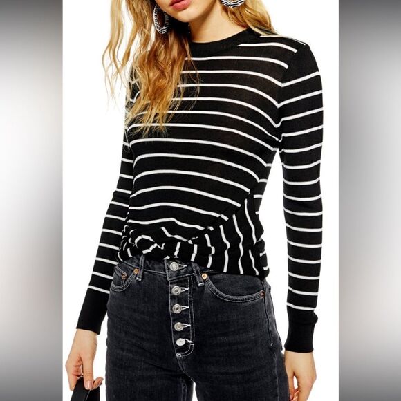 Topshop Front Knot Long Sleeve Crew Neck Black and White Stripes Sweater Top - Picture 1 of 11